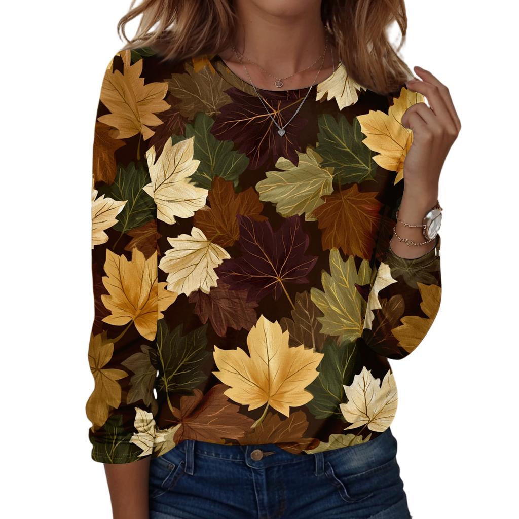 Women's Casual Long Sleeve Blouse with Leaves Print Round Neck Top for Everyday Wear