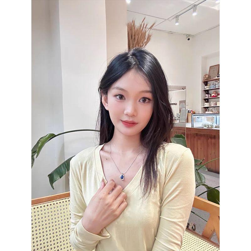 Three-Dimensional round Women's Silver Needle Clavicle Chain Natural Lapis Lazuli