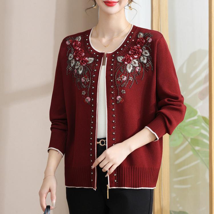 Middle-aged and Elderly Women's Spring and Autumn Shirt Mother Spring Three-dimensional Embroidered Knitted Cardigan
