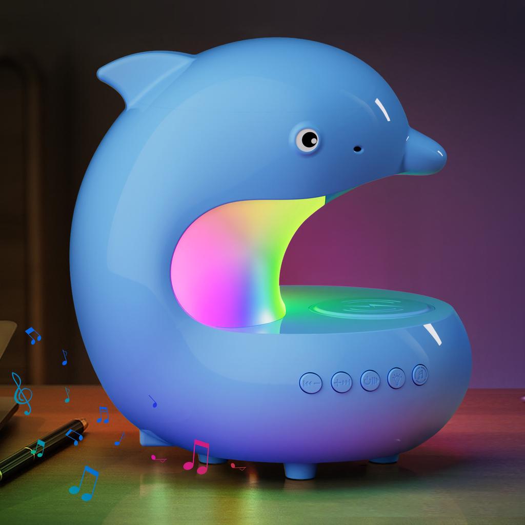 Cute Dolphin RGB Atmosphere Night Light with Bluetooth Speaker & 15W Wireless Phone Charging for Home Bedroom Beside Table Lamp