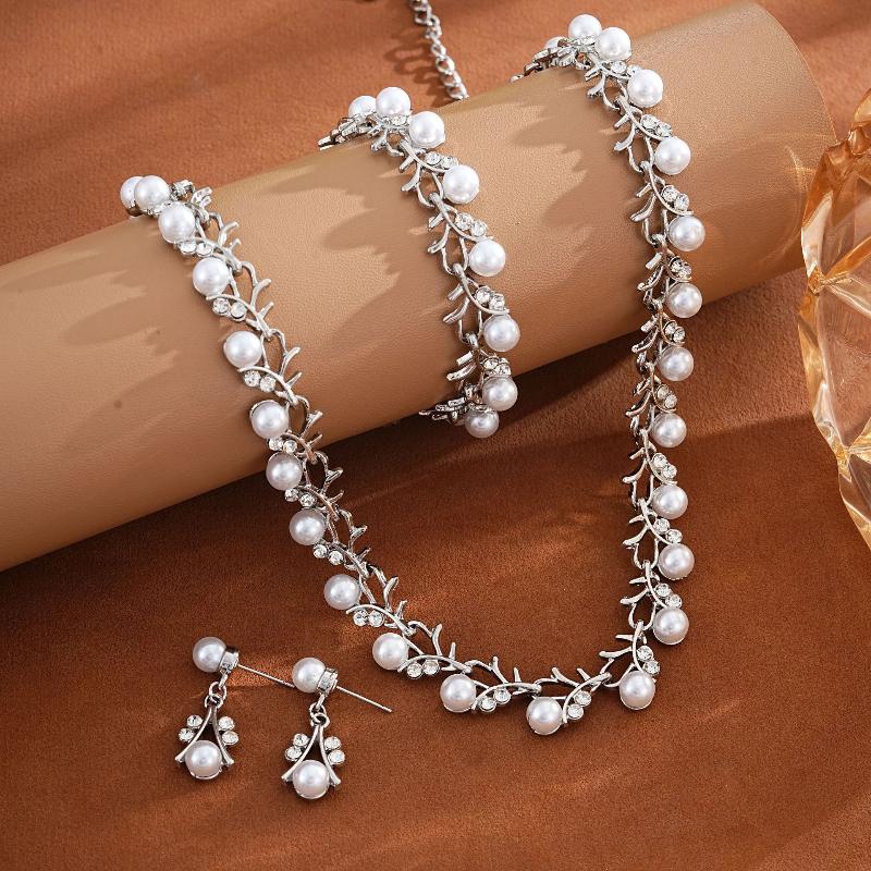 3 Pcs/Set Fashion Retro Women'S Jewelry Set Rhinestone Artificial Pearl Wedding Party Bride Wedding Necklace Bracelet Earrings