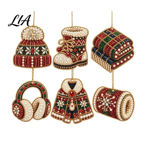 Elegant Holiday Party Supplies 6 Pcs Diamond Art Christmas Ornaments, 2D Flat Pearl Painting Timeless Seasonal Decorations Pattern Hanging Decoration