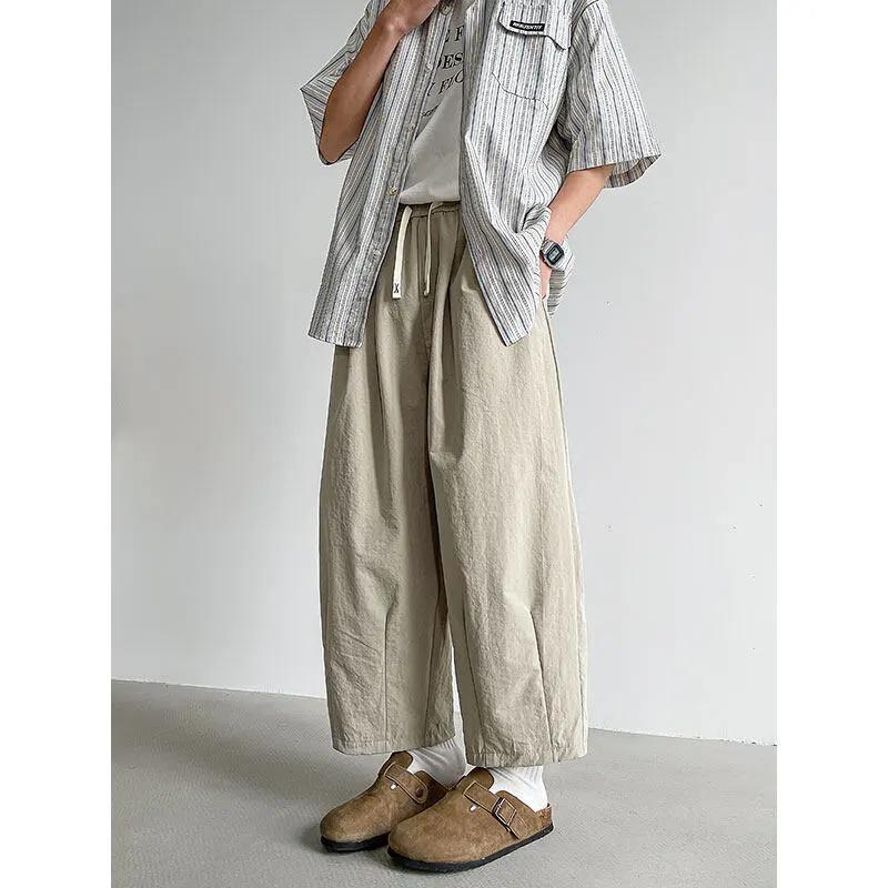 Men s Summer Drawstring Waist Wide Leg Baggy Linen Blend Pants M серый