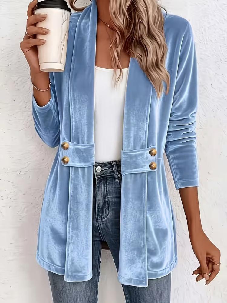 Women Velvet Blazer Open Front Lapel Collar Double Breasted Decor Long Sleeve Coat Multi Color