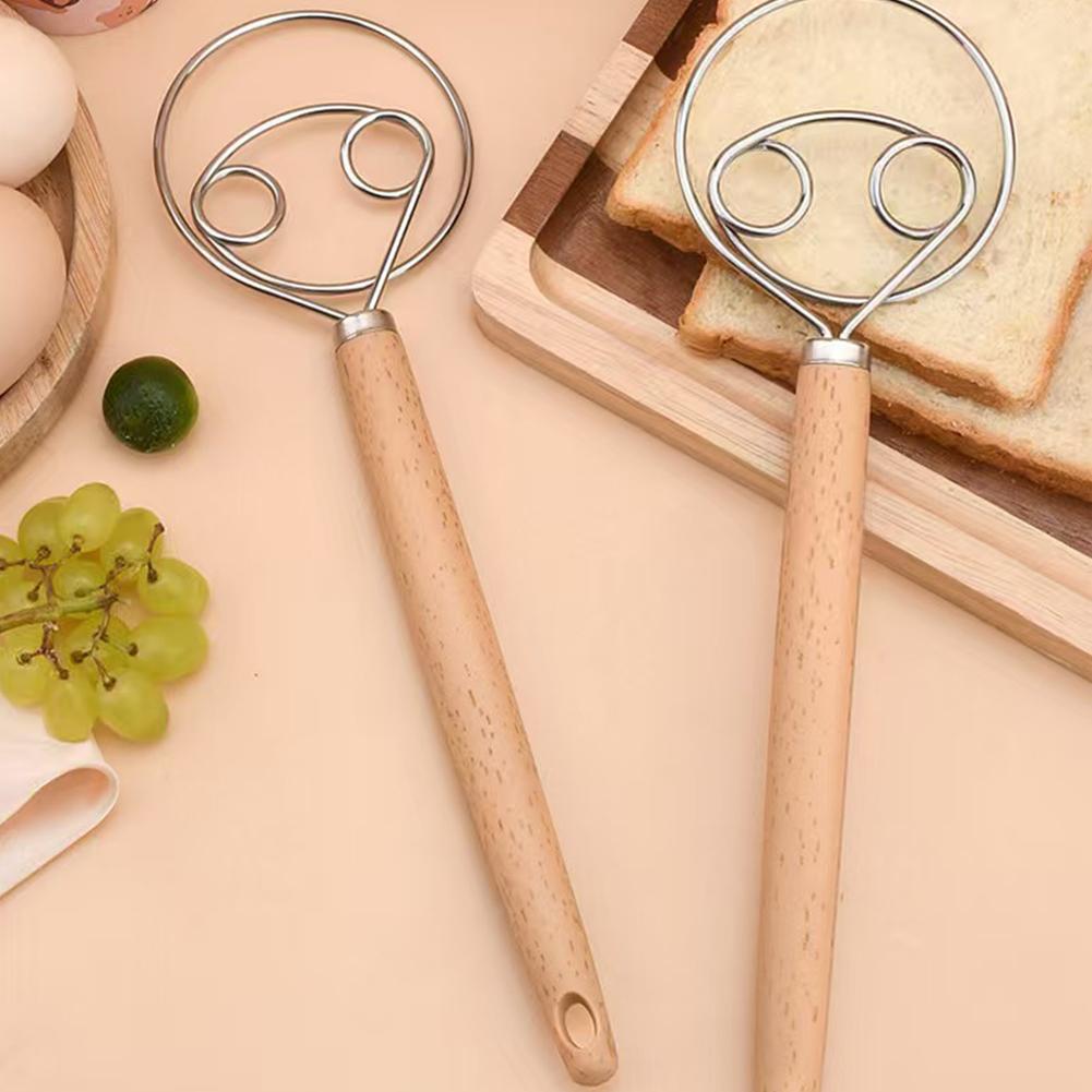1Pc Bread Beater Wooden Handle Stainless Steel Ring Dough Whisk Egg Beater Mixer Tool Cake Pastry Biscuit Yeast Baking Mixer