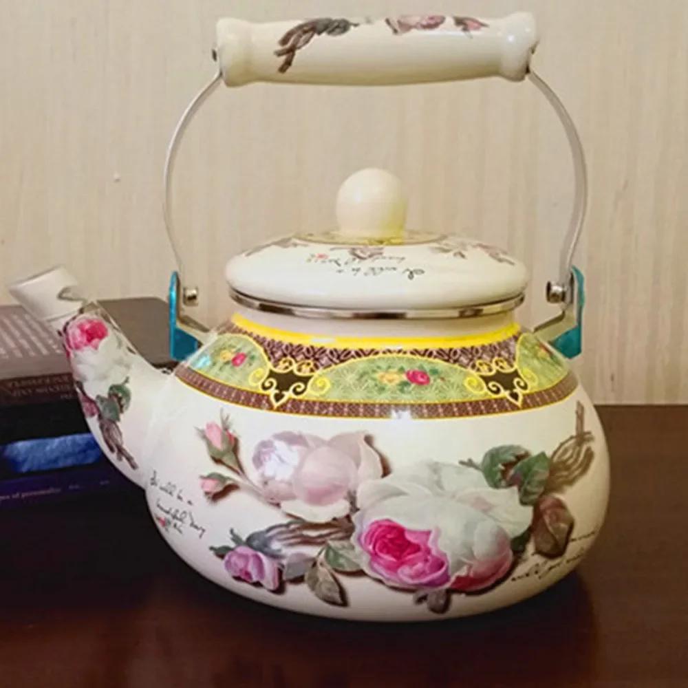 Emaille-Teekanne im chinesischen Stil 2,5L/1,5L, Anti-Verbrühungsgriff, Gasherd-Kessel, birnenförmige florale Emaille-Kaffeekanne