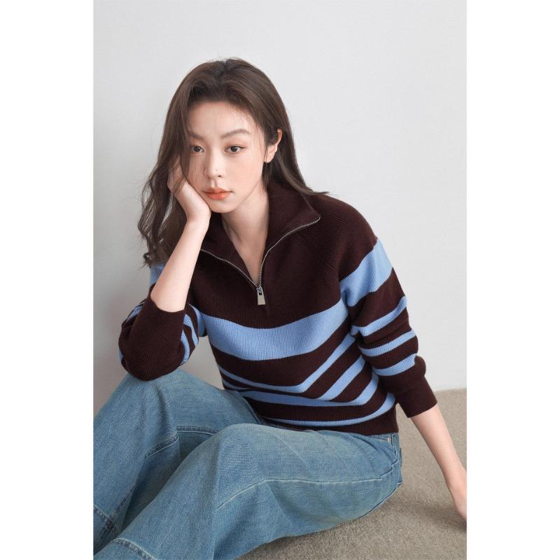 Striped Half-zip Lapel Pullover Sweater Jacket for Women in Autumn and Winter New Style Lazy Style Outer Wear Long-sleeved Sweater