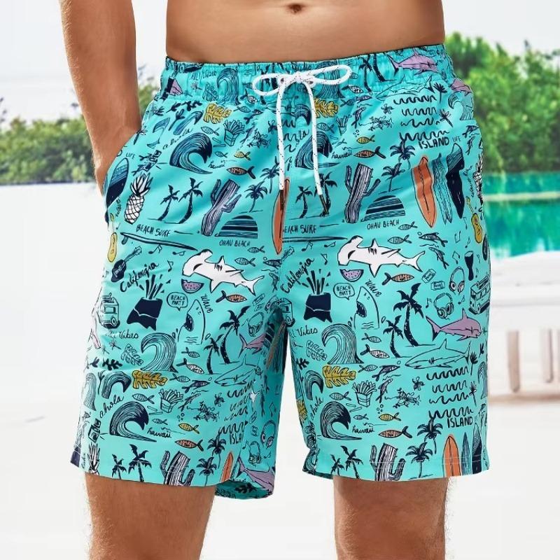 3D Printed Shark Coconut Tree Short Pants For Men Animal Plant Pattern Swim Trunks Hawaiian Casual Street Surfing Beach Shorts S