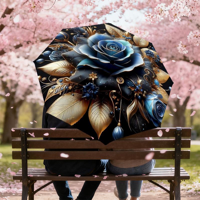 1PC Blue Rose Gold Leaf Umbrella-8-Rib Reinforced, Automatic Open, Lightweight & Durable, Cute Fashion Accessory for Outdoor-A1258