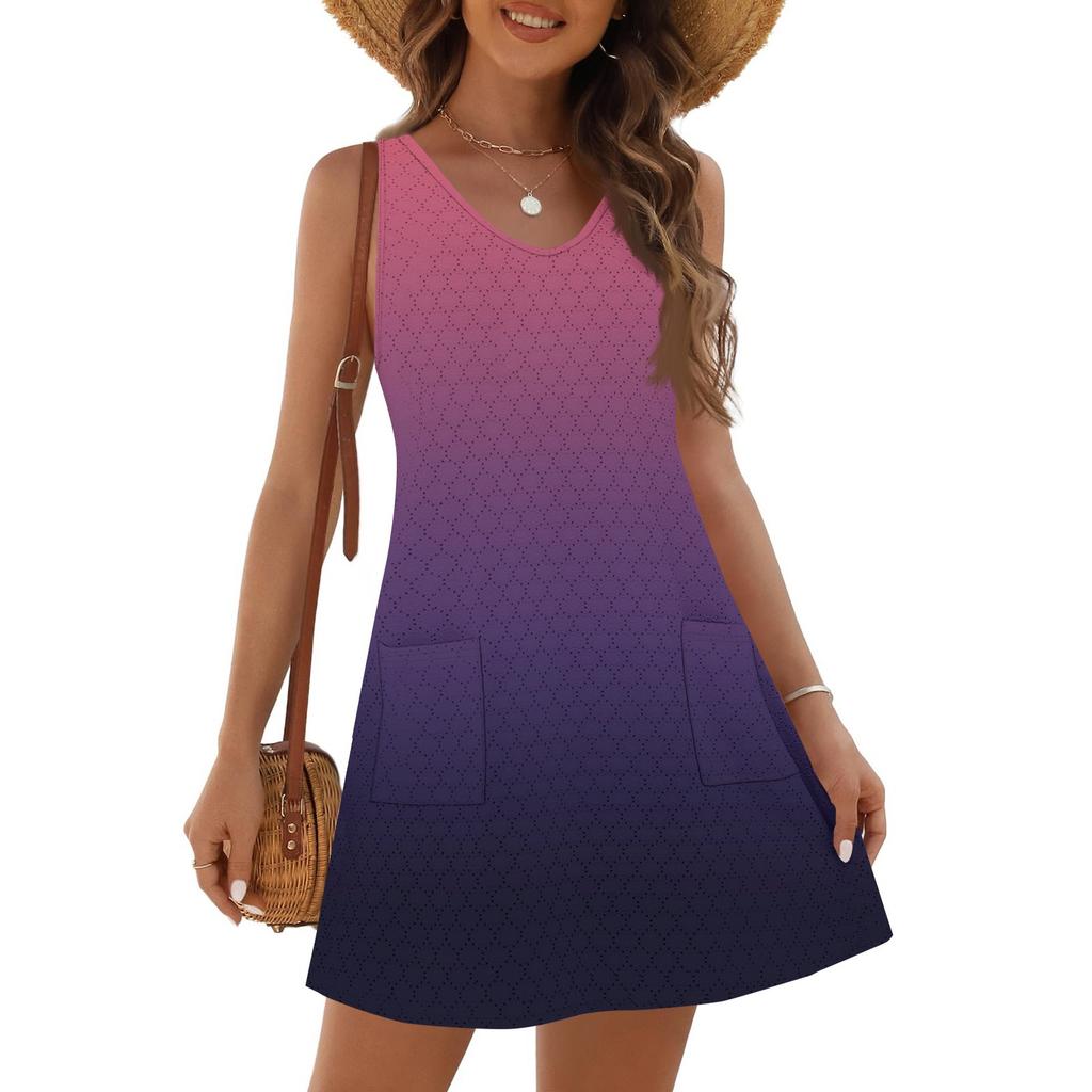 Women's Fashion Casual Summer Cuffless Pocket V-neck Gradient Print Dress Beach Sundress