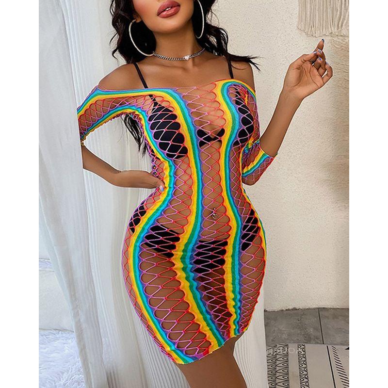 

European and American High Elastic See-through Dress Hollow Fishing Net Sexy Colorful Seaside Bikini cover-up Fishnet Clothes Bikini Top Color One size