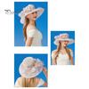 Chapeau de soleil à large bord en organza avec fleurs et plumes, protection UV, matériau translucide, pour femme