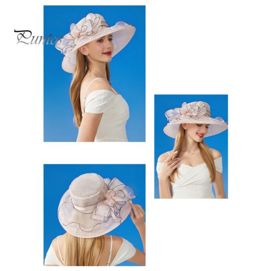 Chapeau de soleil à large bord en organza avec fleurs et plumes, protection UV, matériau translucide, pour femme