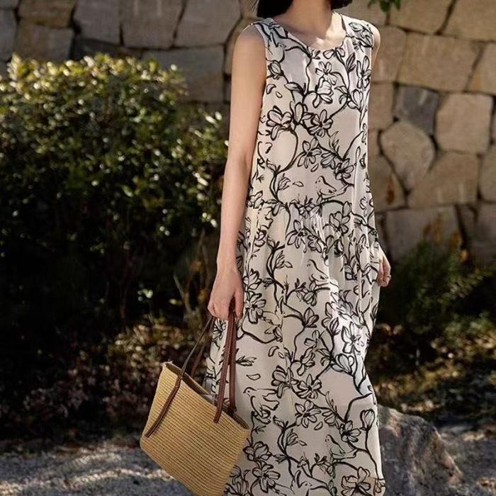 Elegant French Style Ink Print Sleeveless Dress, Round Neck, Spring 2026 Arrival 2X-Large