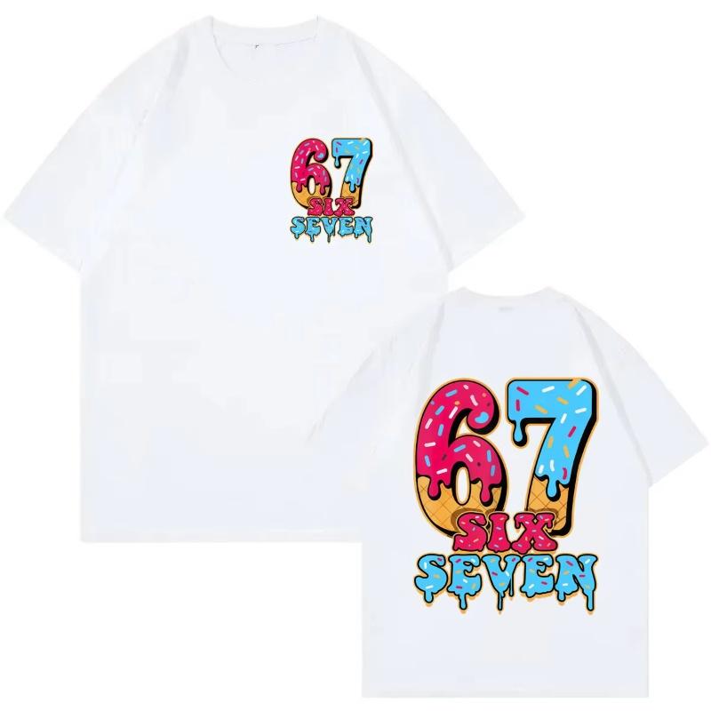 Spring and Summer New Adult and Childrens Funny Six Seven 67 Ice Cream Picture Printed Cotton Casual Short Sleeved Tshirt