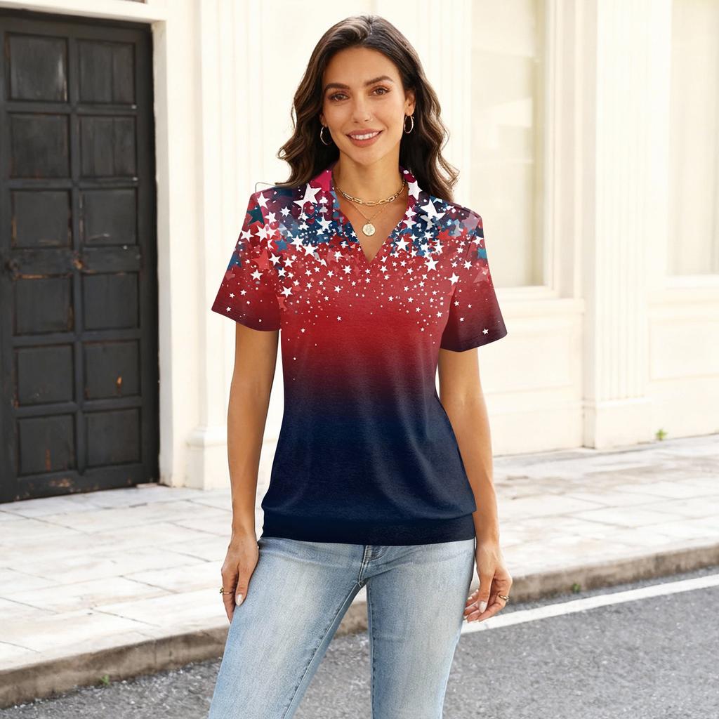 Women's Casual Short Sleeve Collared Shirt Independence Day Stars and Stripes Print V Neck Top for Summer