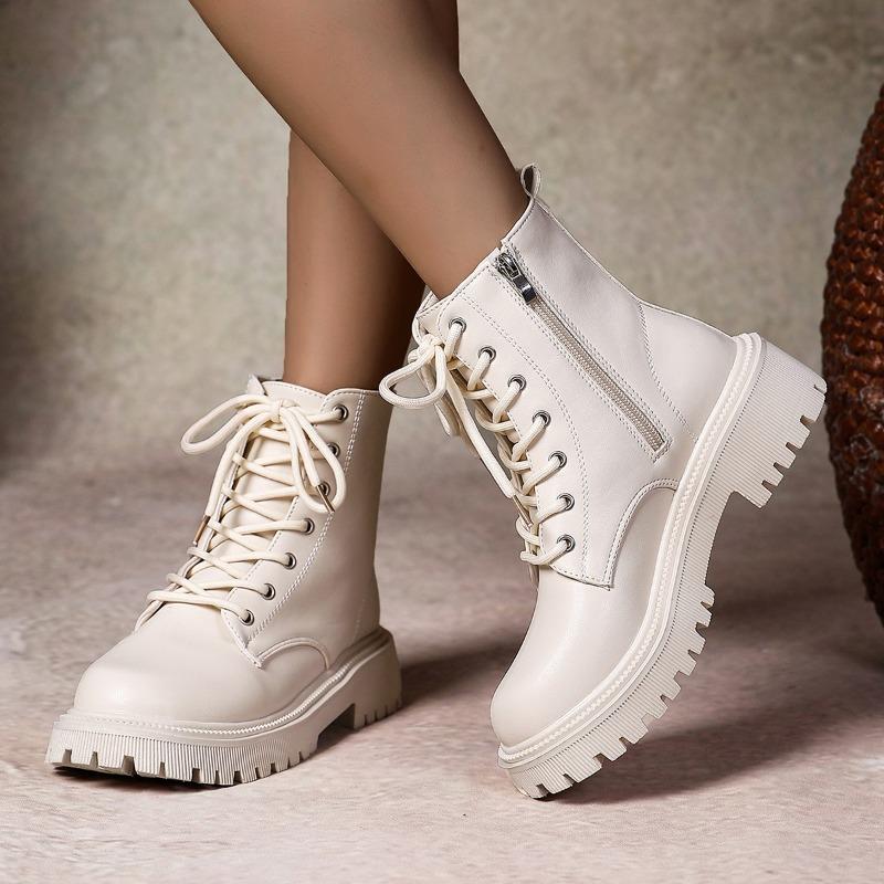 Fashion Side Zip Shortleg Boots Women's Fashion Round Toe Lace-Up Front Platform Anti-Slip Wear-Resistant Single Boots