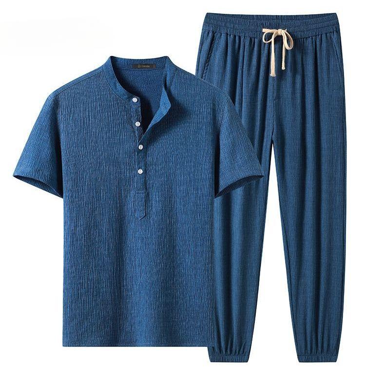Linen Short-sleeved Suit Men's Summer Thin Ice Silk Loose Breathable Casual Two-piece Suit