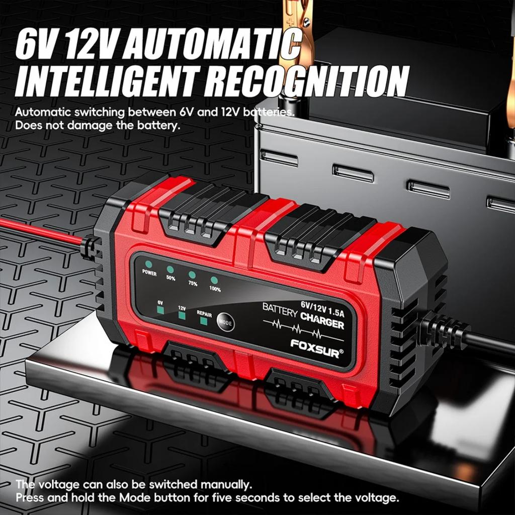 FOXSUR 6V 12V Vollintelligentes Batterieladegerät LCD-Display Intelligente Puls-Reparaturladung Auto Motorrad AGM GEL Blei-Säure-Batterien