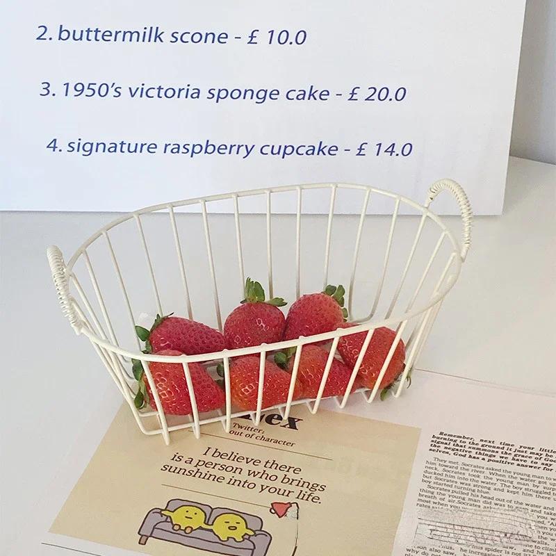 Korean Vintage Iron Fruit Basket Snack Blue Tea Table Hollow Out Storage Blue Drain Basket Holder Container Bowl Kitchen Storage