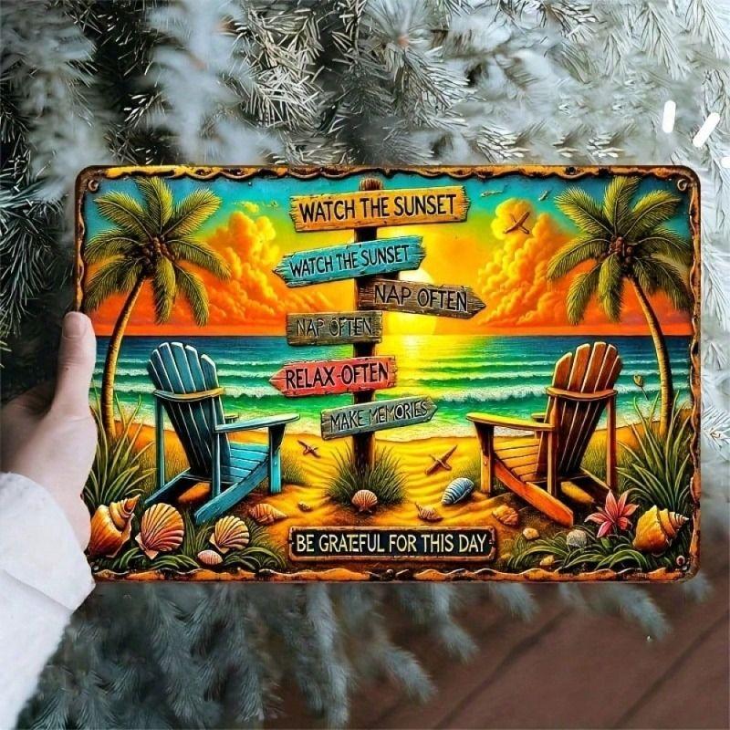Vintage Tropical Beach Sunset Surfing Metal Wall Poster for Bar