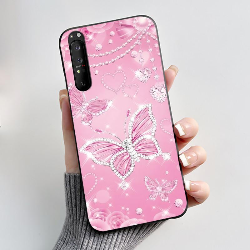 Hülle für Sony Xperia 1 II 1 III Luxus Mode Schmetterling Blume Schwarzes Silikon TPU Weiche Handyhülle für Sony 1II 1III Rückseite