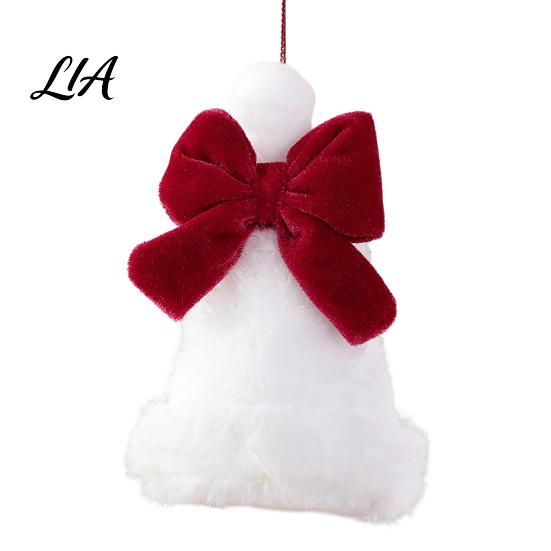 Window Display Hanging Charms Plush Santa Hat Christmas Tree Ornament with Bow Decor, Xmas Pendant Indoor Party Supplies Lanyard for Holiday