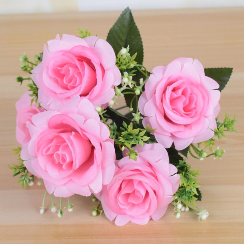 New 5 Heads Real Happy Flower Silk Photography Photo Gift Natural Simulated Rose Buds Crystal Grass Bouquet Home Decorative
