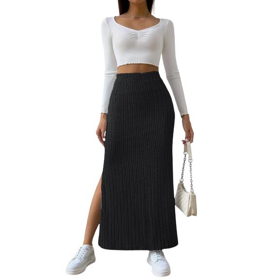 Gerippter Strickrock für Damen, hohe elastische Taille, Schlitz, langer Retro-Rock