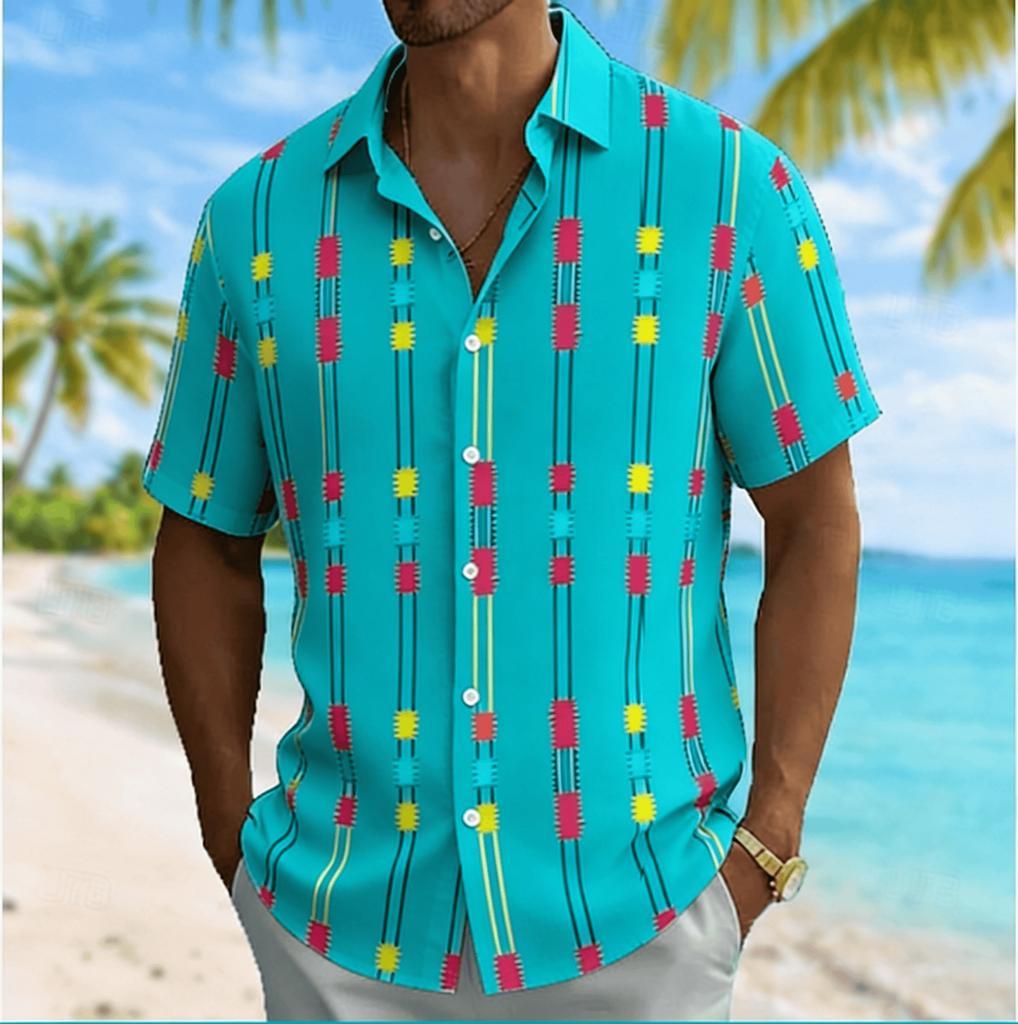 Men's Color Block Geometric Vertical Stripe Print Short Sleeve Shirt, Summer Casual Turn-Down Collar Blouse, Loose Fit Top