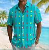 Men's Color Block Geometric Vertical Stripe Print Short Sleeve Shirt, Summer Casual Turn-Down Collar Blouse, Loose Fit Top