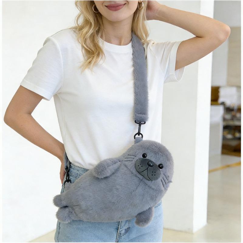 Fur Seal Plush Bag Cute Grey Seal Handbag Kawaii Sea Animal Crossbag Makeup Bag for Women White Seal Phone Bag Birthday Gifts