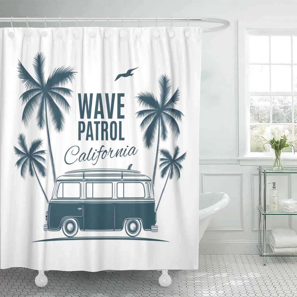 Beach Surf Rv Shower Curtain For Bathroom Decor Surfboard Hawaii Palm Tree Camping Car Ocean Sea Print Bath Curtain With Hooks