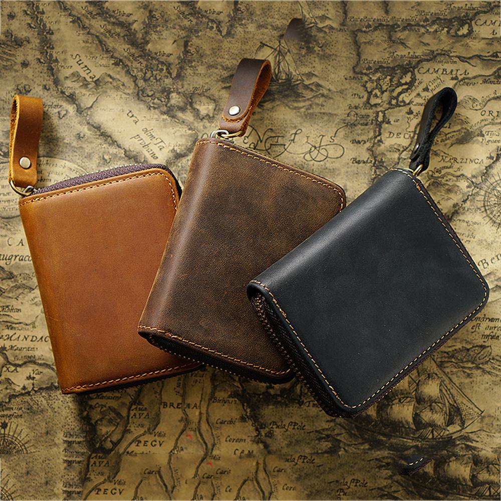 Genuine Leather Cowhide Card Holder Wallet RFID ID Card Holder Zipper Short Purse Organ Card Case Bag