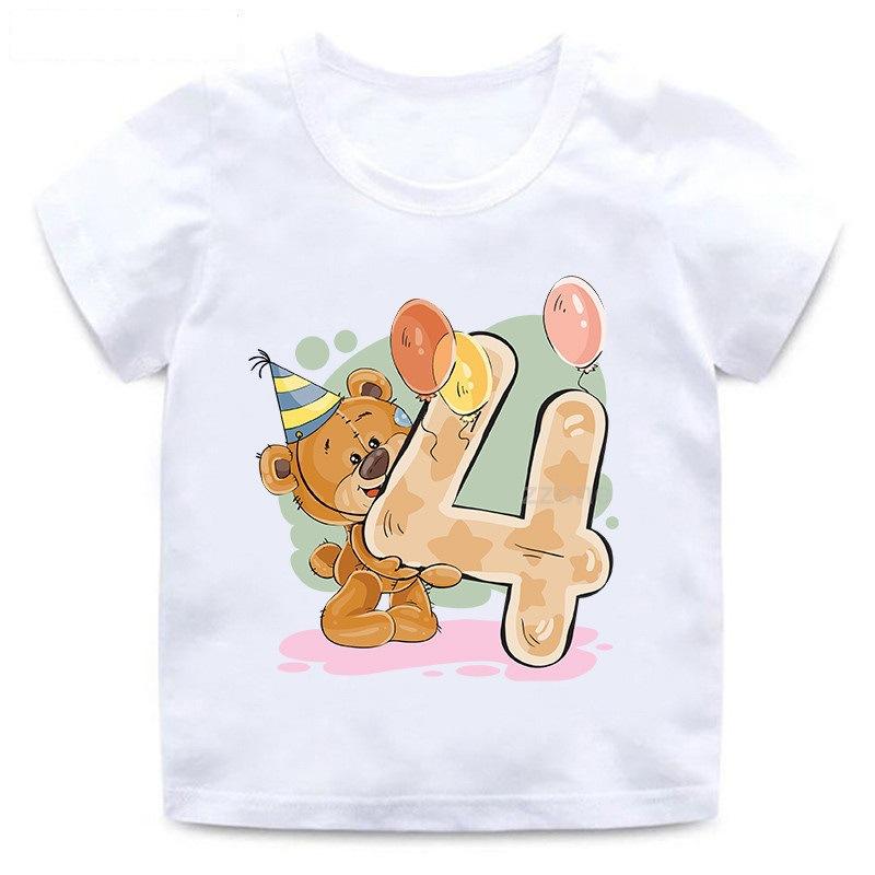 Children's T-shirt with Bear Birthday Number Print, Crew Neck, Short Sleeve, White