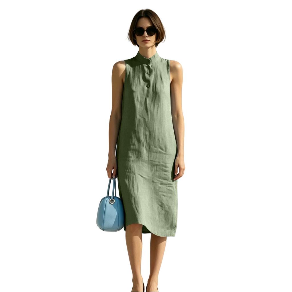 Sleeveless Loose Fit Summer Dress Midi Length Button Front Stand Collar Casual Lightweight Dress for Women