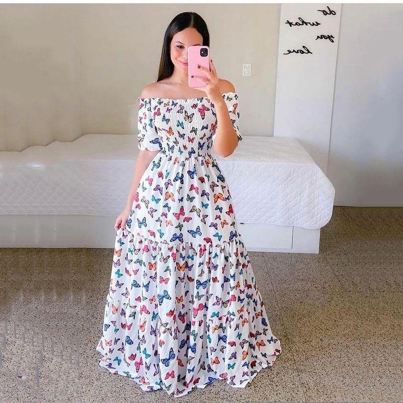 2025 Cross-Border New off-Shoulder Floral off-Shoulder Long Print Dress Women's Fashion Gradient Color Long Skirt