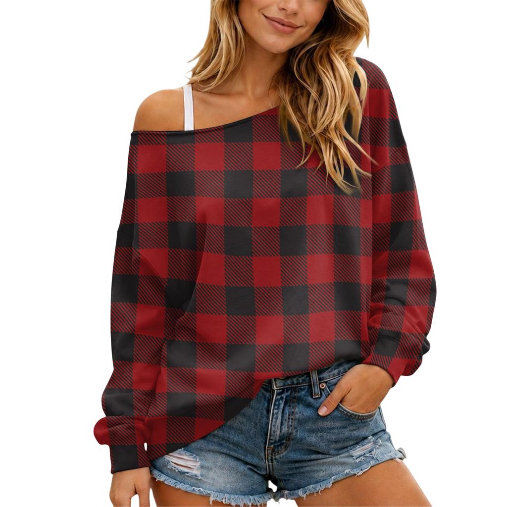 Women's Casual Plaid Long Sleeve Loose Fit Comfortable Pullover Top for Everyday Wear