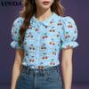 VONDA Women Summer Doll Collar Puff Sleeve Buttons Up Print Casual Blouse