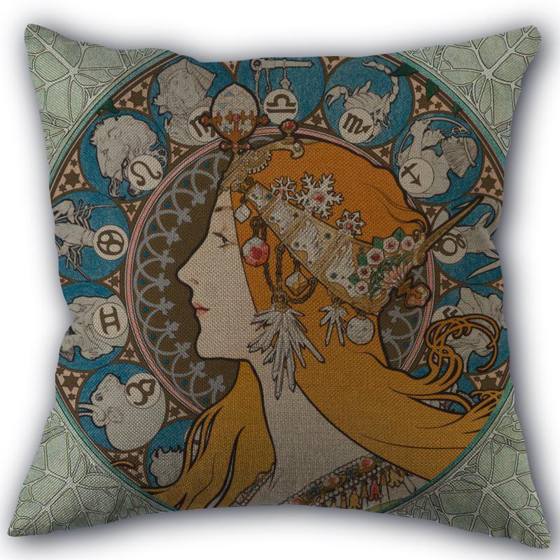 Custom Alphonse Mucha Art Pillowcase Cotton Linen Fabric Square Zipper Pillowcase 45X45 Wedding Decorative Pillow Cover