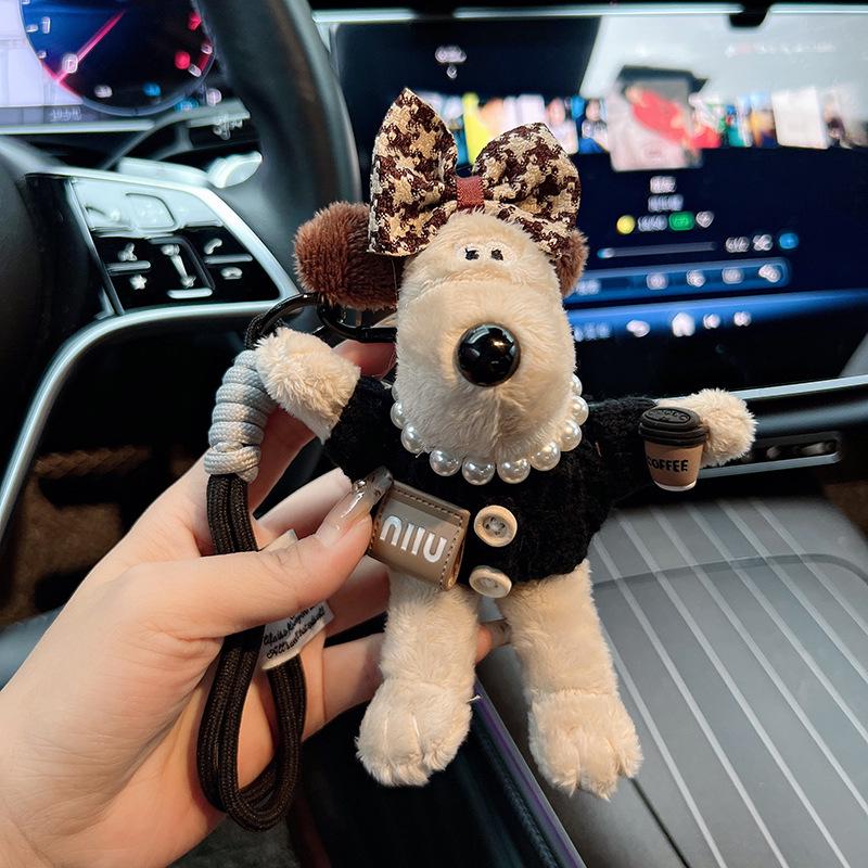 Plush Cartoon Chef Dog Keychain with Bow Tie – Cute Knitted Sweater Design Doll for Bags and Cars