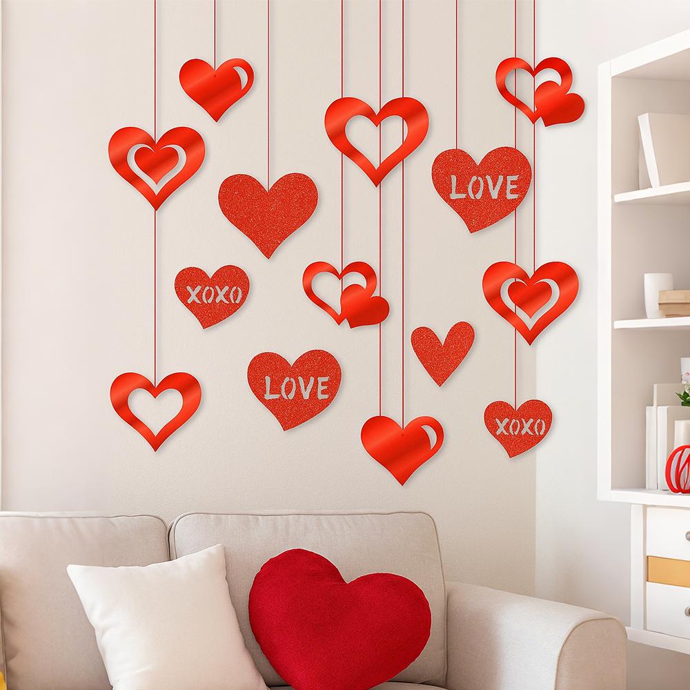 16 Stück Valentinstag Rotes Herz Hängedeko Herzen Ornament für Romantische Heimparty Tür Fenster Wand Hochzeitsjubiläumsgeschenke