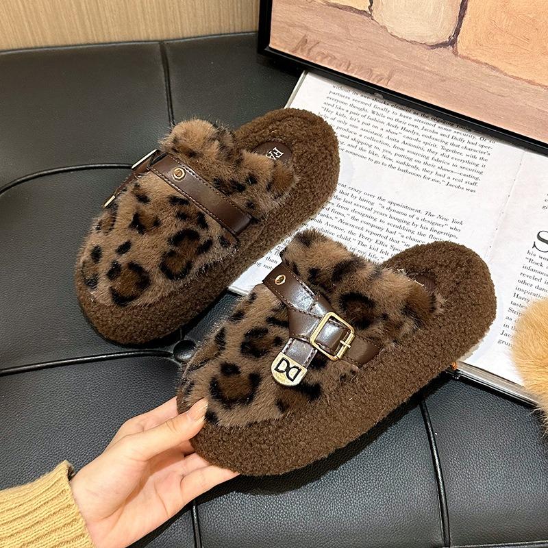 Mao Mao slippers women's thick-soled women's outer autumn and winter new fashion leopard print home plush cotton slippers