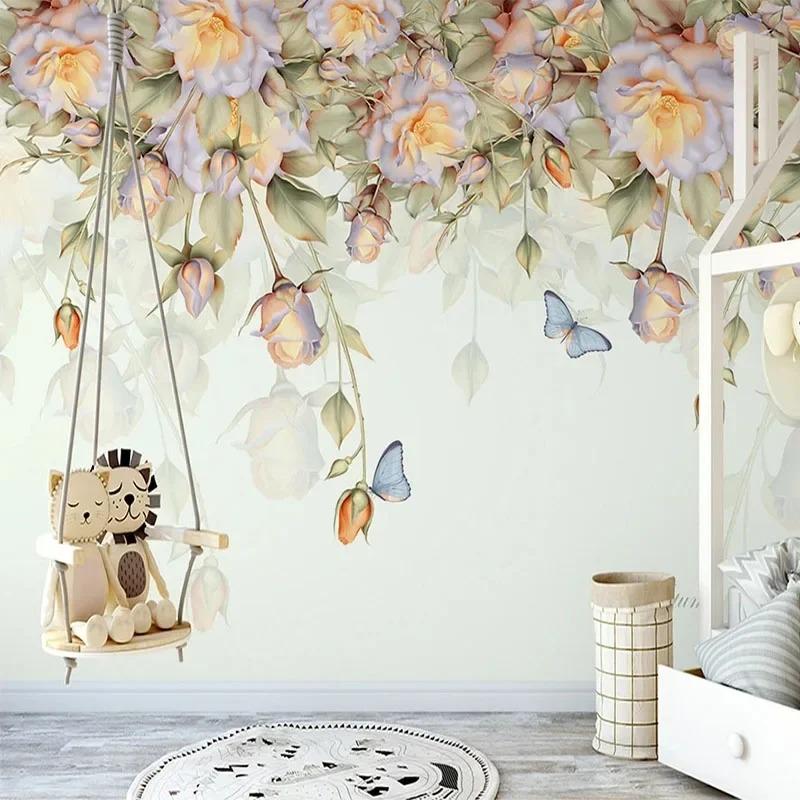 Wallpaper European Hand-Painted Oil Painting Rose Butterfly Mural Living Room Tv Sofa Bedroom Mural