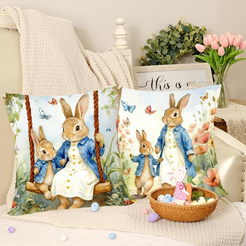 Vintage Easter Decoration Throw Pillow Covers Bunny Eggs Floral Spring Holiday Decorative Pillowcases for Sofa Couch Home Decor