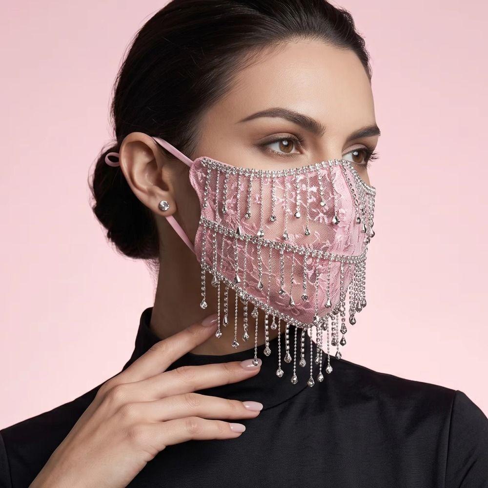 Strass Damen Schleier Maske Atmungsaktives Netz Quastenmaske Elegante Cosplay Maske Kostümzubehör