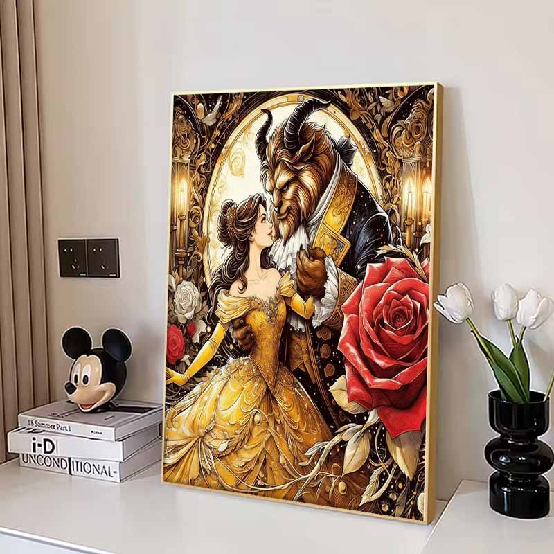 Disney 5D DIY Diamond Painting, Beauty and The Beast Art Illustration Full Round Diamond Mosaic Cartoon Cross Stitch Art Painting Home Decoration
