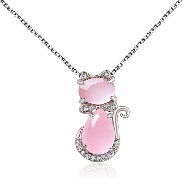 Koreanischer Stil Halskette Platinbeschichtet/Roségold Natürlicher Rosenquarz Kristall Katzenanhänger für Damen Schlüsselbein Kette