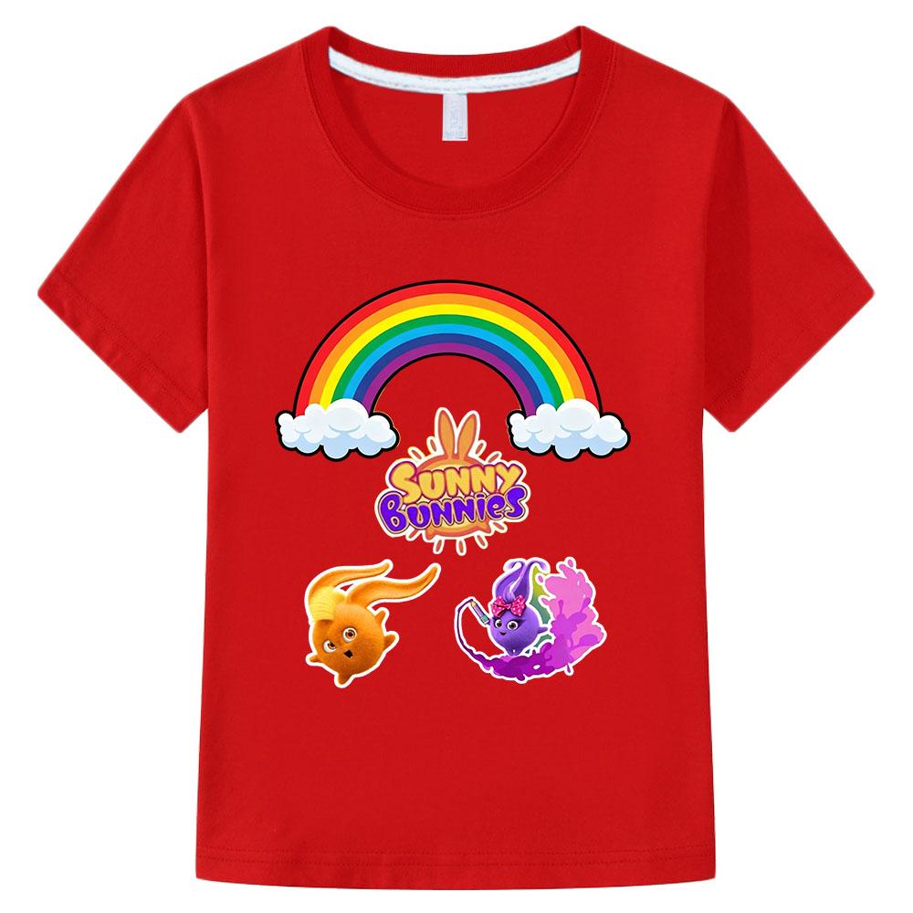 

100% Cotton Sunny Bunnies Cartoon Children s T-shirt Cute Rabbit Anime Print Girls Tops Fun Boys Tees High Quality Toddler Funny T-shirt Summer clothe 100 красный