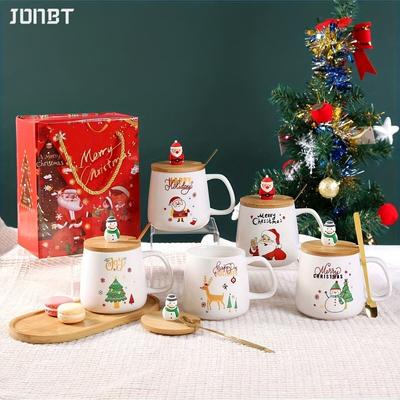 Weihnachtsmann Keramikbecher Tasse mit Deckel Löffel Geschenkbox Set für Weihnachtsgeschenk Kaltkaffeetassen Milch Frühstück Haferflocken Paar Trinkgeschirr
